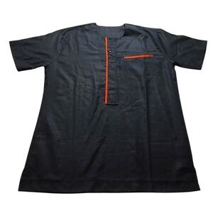 Men's Navy Blue Dashiki Shirt Orange Trim Short Sleeve African Tunic Top XL